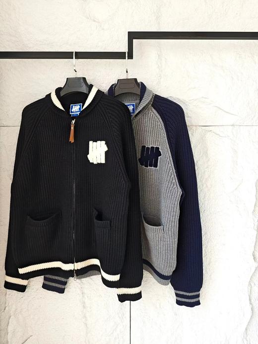 D120802五条杠撞色Logo条纹运动复古元宝针翻领针织衫拉链外套 商品图0