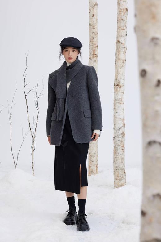 ESTELLICA 灰色气质围脖羊毛呢子大衣外套 21660 商品图2