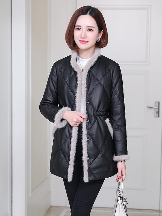 丁摩 海宁真皮羽绒服绵羊皮女中长款水貂毛外套 商品图2