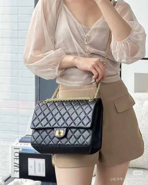 Chanel 2.55 油蜡牛皮 黑金 中号 单肩包 商品图1