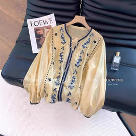 丁摩 民族风刺绣系带长袖衬衫女春夏款设计感复古薄款洋气上衣5ZF-8882