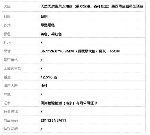 【天然正品】天然无杂裂灵芝如意（福寿安康、吉祥如意）墨西哥蓝珀吊坠项链36.1*26.8*16.9MM（皆取最大值）链长：45CM中性281125NJM11 特价 商品图8