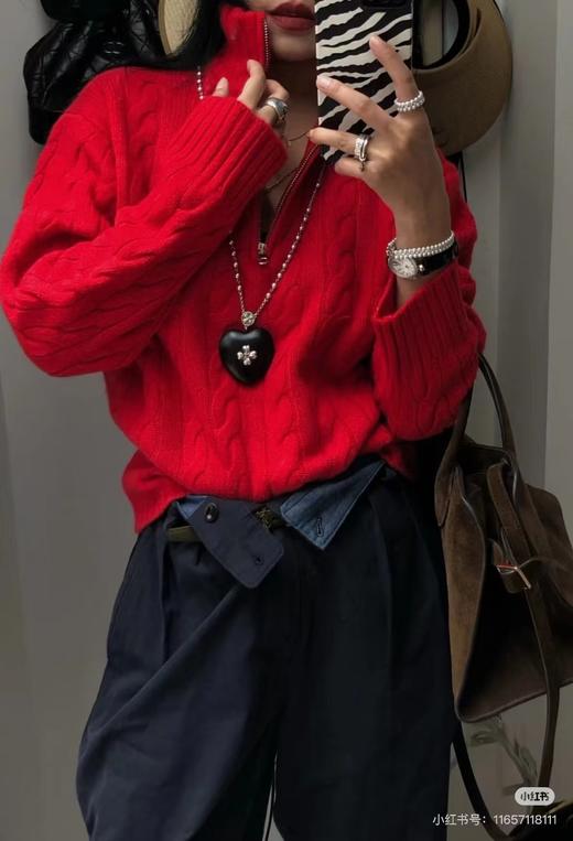 D120821新年红圣诞红复古绞花半拉链毛衣打底针织衫 商品图10