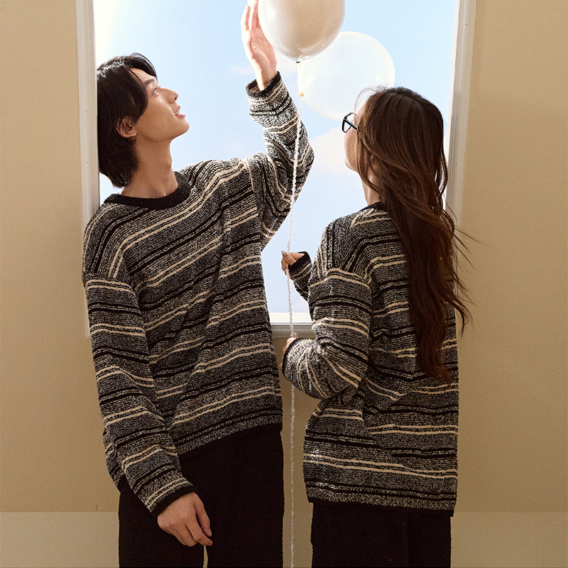 内茵 半边绒条纹情侣款家居服套装