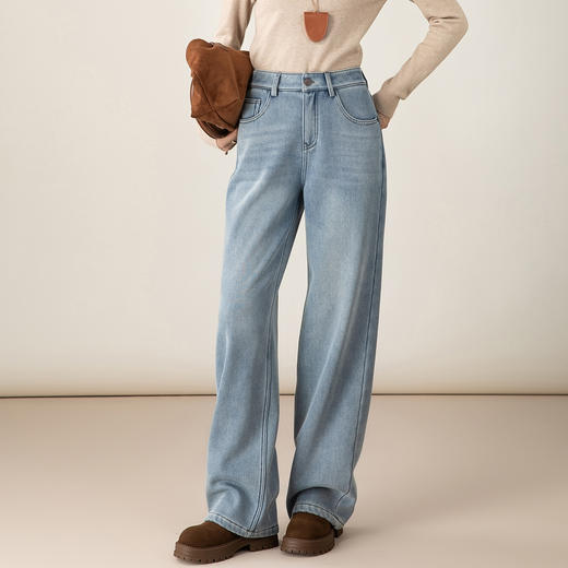 百媚生 加绒加厚直筒牛仔裤女窄版阔腿裤子85606 商品图2