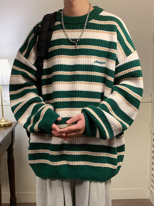 【YW】无忧购“礼物季”慵懒风圣诞复古撞色条纹毛衣男刺绣花针织衫外套情侣K4090（截单后3-5天发货） 商品图1