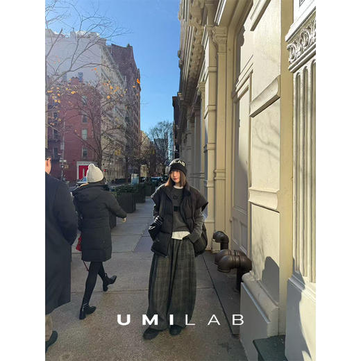 UMILAB｜暗格*羊毛混纺抗皱有型 松紧腰格纹茧型藏肉毛呢裤P1315W 商品图4