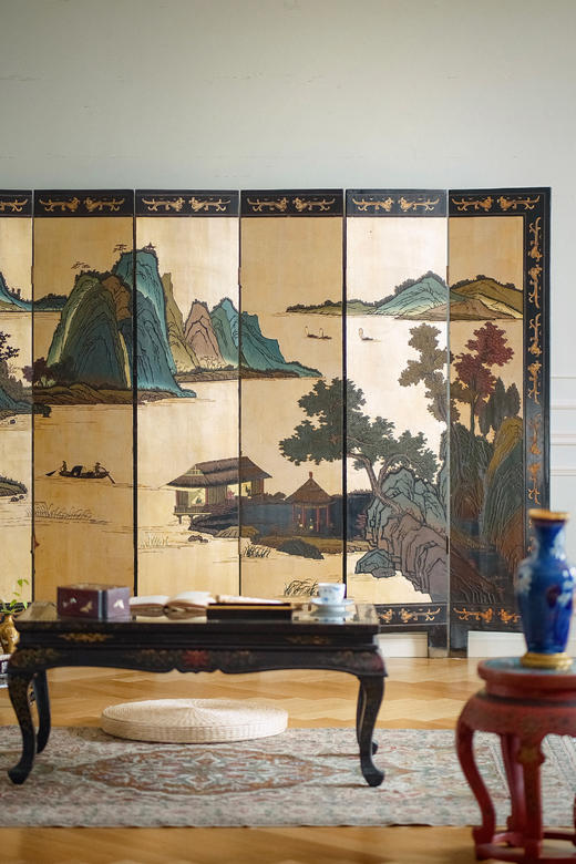 独角鹿西洋古董 20世纪中国出品传统山水亭台主题金地款彩雕漆双面六曲屏风 商品图2