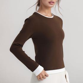 跃牌【美西西系列】天丝圆领撞色无缝一体 假两件修身运动长袖T恤健身瑜伽服CX-926