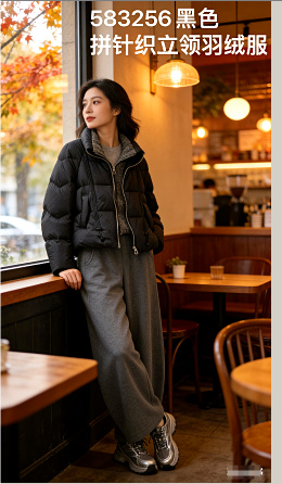 583256拼针织立领羽绒服