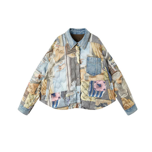 谜底两面穿羽绒服2026年春季新品艺术印花翻领拼牛仔女261MY0010 商品图4