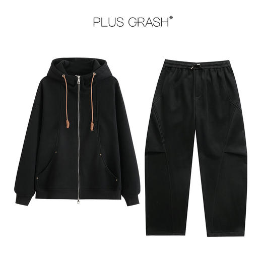 PLUS CRASH冬季加厚绒保暖卫衣卫裤男女同款多结构抽褶设计感套装 商品图3