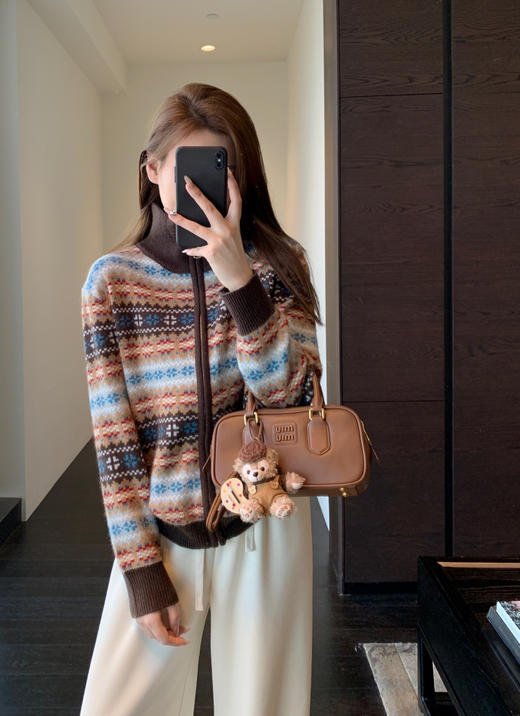 绵羊毛复古费尔岛拉链立领毛衣外套 商品图1