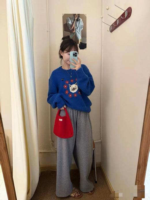 D120835新款时尚俏皮卡通小花图案宝蓝色圆领针织毛衣 商品图5