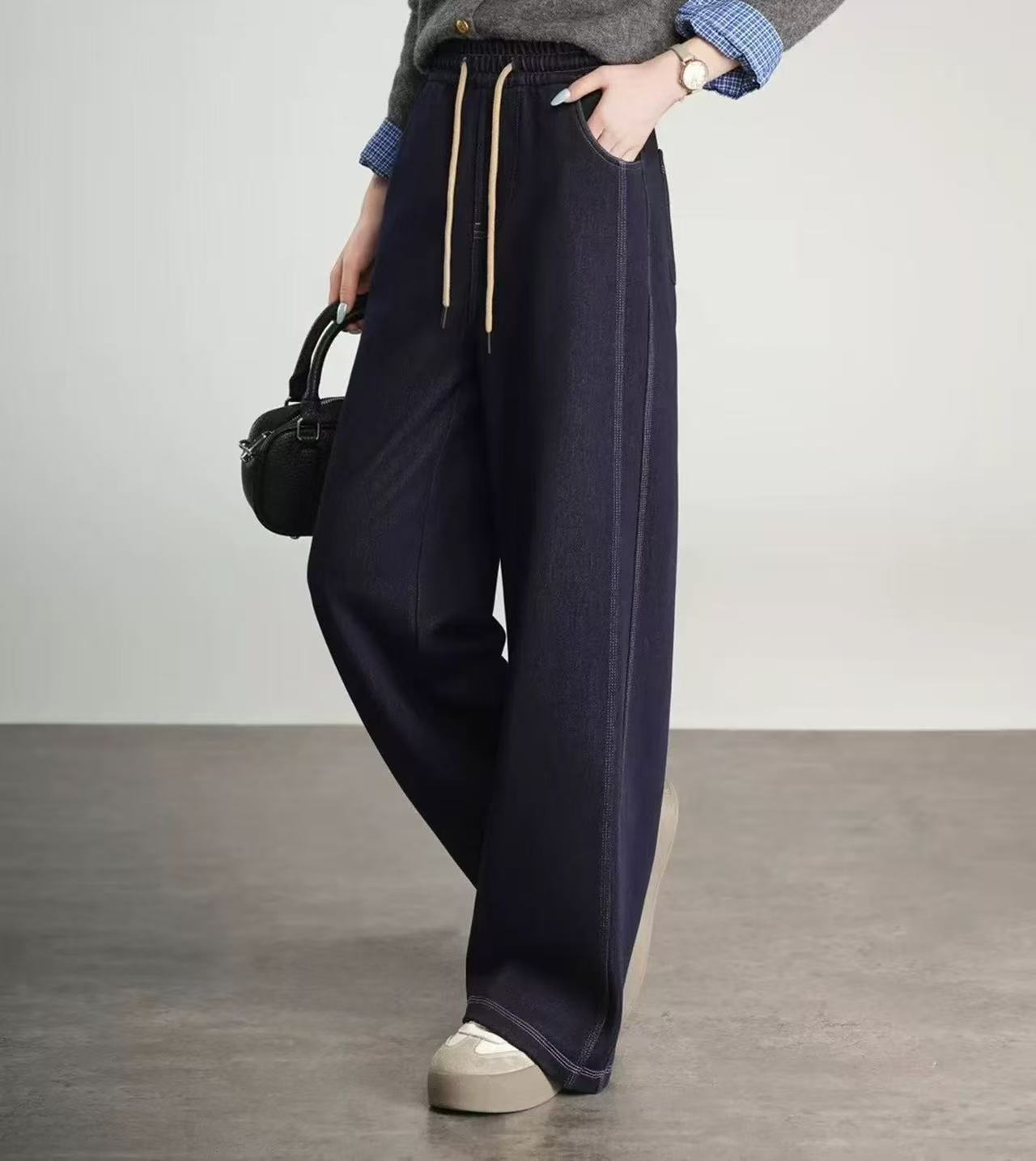 一条过冬！加绒加厚复古明显牛仔阔腿裤！