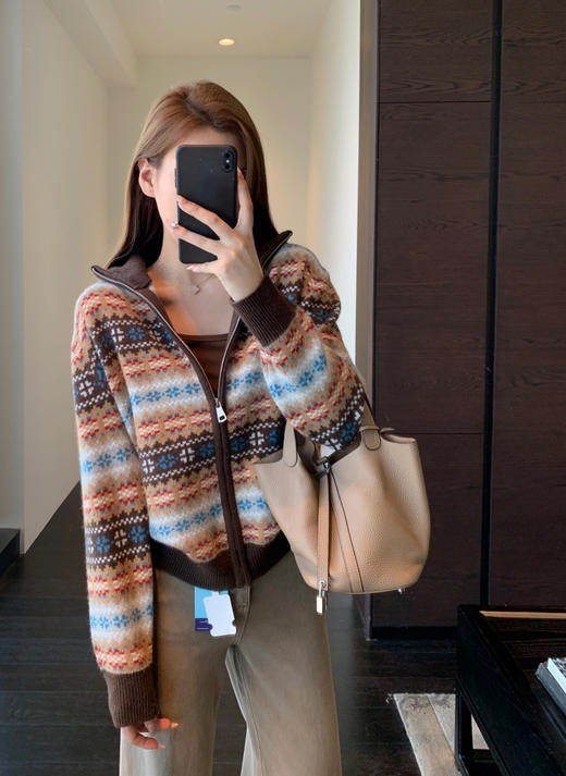 绵羊毛复古费尔岛拉链立领毛衣外套 商品图6