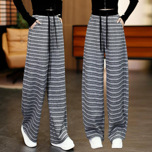 YM 2810条纹阔腿弯刀裤显瘦垂感直筒休闲裤 商品图0