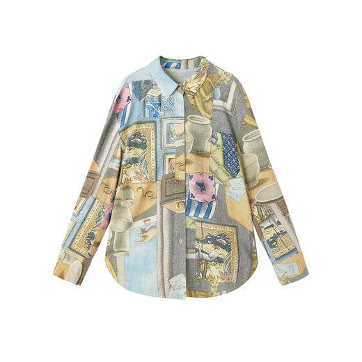 谜底印花衬衣长袖2026年春季新品雅致素描拼贴H型衬衫女261MC0006 商品图4