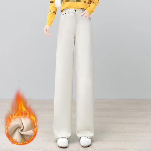 YM 2847刺绣高腰直筒裤加绒加厚宽松牛仔阔腿裤显瘦洋气裤 商品图2