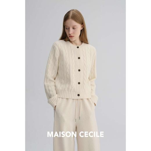 MAISON CECILE 复古绞花肌理感软糯羊毛修身圆领经典百搭针织开衫 商品图2