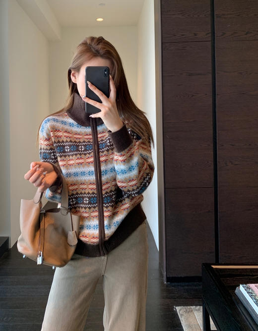 绵羊毛复古费尔岛拉链立领毛衣外套 商品图10