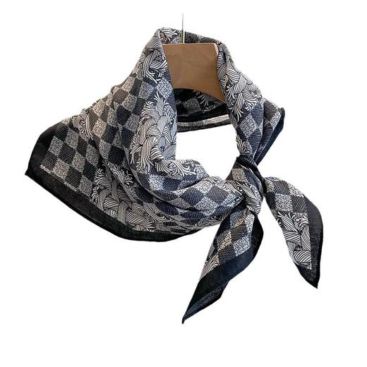 丁摩 棋盘格子70CM棉麻丝巾小方巾女春秋夏季薄围巾领巾亚麻头巾搭腰带5ZF-1037 商品图4