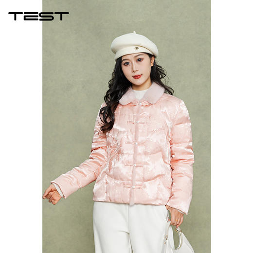 冬上新国风粉色提花中式盘扣毛领短款羽绒服2254172 商品图0