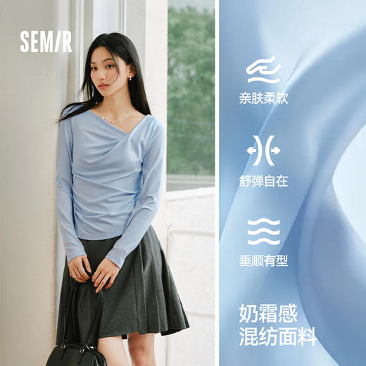 【爆品主推】森马长袖T恤女春季短款不对称荡领斜肩露肩紧身纯色2026新款上衣 商品图1