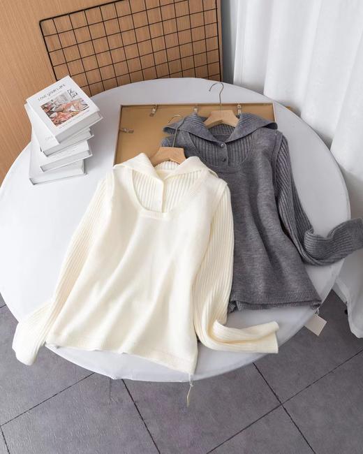 D120880罗纹翻领长袖拼接假两件设计纽扣半开襟毛衣 商品图0