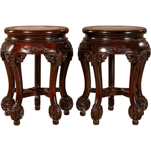 二十世纪	红木镶云石螭龙纹三弯腿五足圆凳（一对） 商品图5