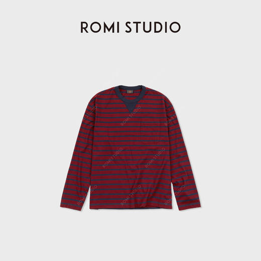 ROMI STUDIO “舒适气质”条纹棉质撞色V领针织上衣 RWDSSU1540 商品图0