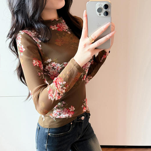 KQL A55F8716时尚洋气高弹网长袖T恤印花高领上衣 商品图2