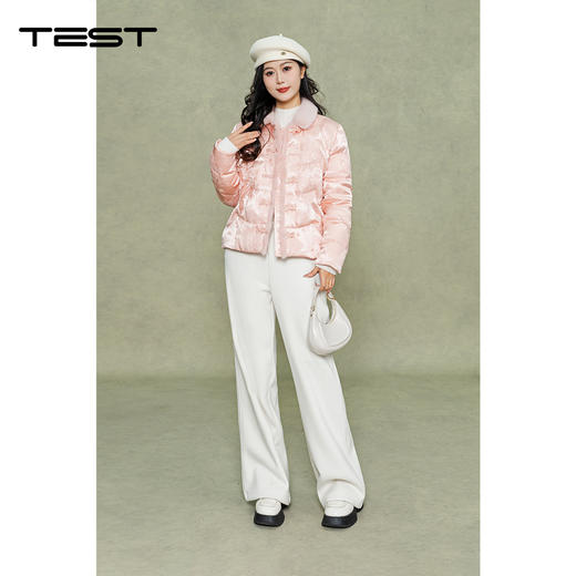 冬上新国风粉色提花中式盘扣毛领短款羽绒服2254172 商品图2