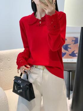 新年战衣羊毛羊绒混纺盘扣小翻领够花镂空羊毛衫