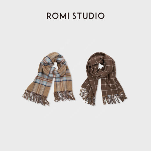 ROMISTUDIO双面格纹软糯羊毛混纱复古氛围感围巾围脖 RWCWP07313 商品图1