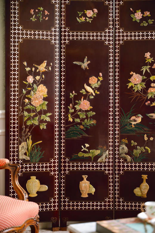 【已售】独角鹿西洋古董中国出品「富贵花鸟」主题百宝嵌装饰螺钿漆木四曲古董屏风 商品图2