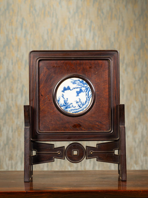 清	红木镶瘿木嵌青花瓷板松鹤延年插屏 商品图4