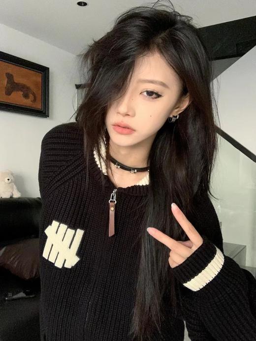 D120802五条杠撞色Logo条纹运动复古元宝针翻领针织衫拉链外套 商品图9