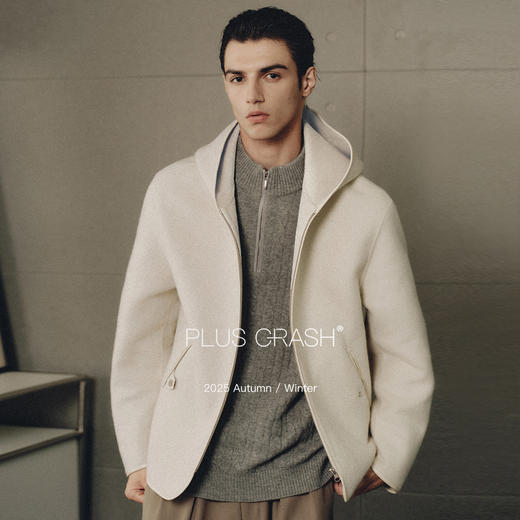 PLUS CRASH冬季新款绵羊毛混纺双面双色连帽加厚毛呢外套男女同款 商品图0