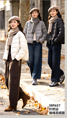 589657领口拼针织边抽绳圆领羽绒服
