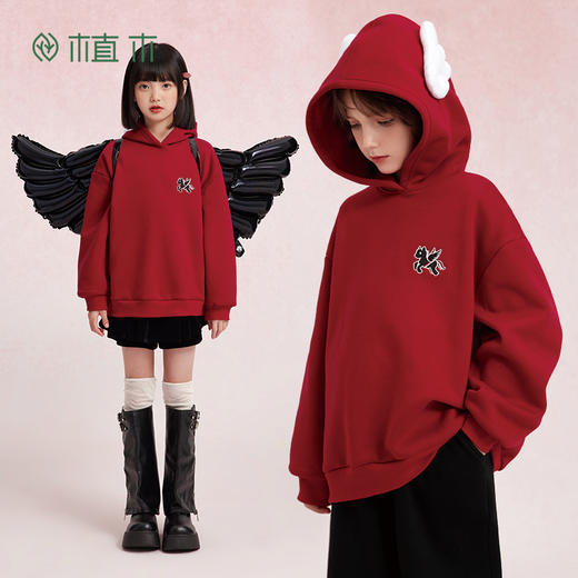 【年服】植木男女童翼马刺绣一体绒连帽加厚卫衣55W070060 商品图0