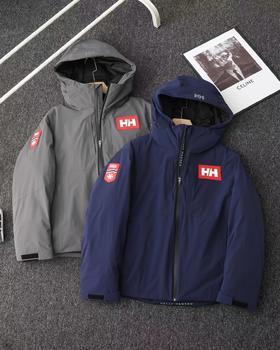 D120805秋冬红硅胶标连帽冲锋衣羽绒服男女同款情侣款