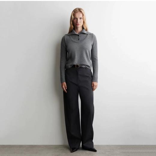 D120880罗纹翻领长袖拼接假两件设计纽扣半开襟毛衣 商品图2