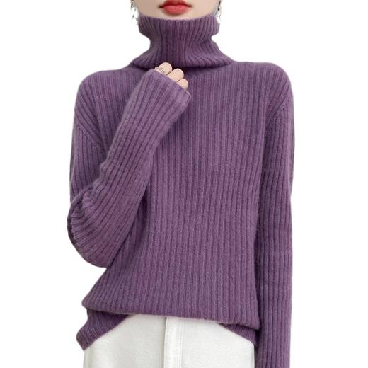 丁摩 舒适软糯100纯羊毛套头毛衣秋冬新款坑条纹堆堆领女士针织衫5ZF-93755 商品图4