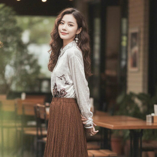 谜底丝绒印花衬衫长袖2026春季新品复古通勤亲肤衬衣女265GC5022 商品图2