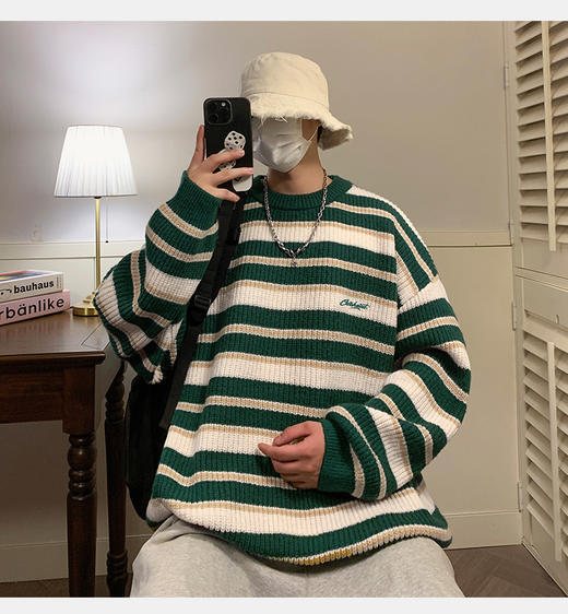 【YW】无忧购“礼物季”慵懒风圣诞复古撞色条纹毛衣男刺绣花针织衫外套情侣K4090（截单后3-5天发货） 商品图6