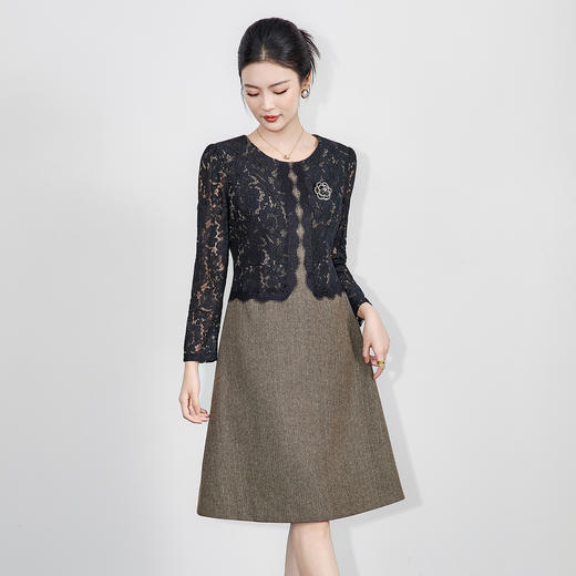 「高货wl」全新升级【铂金会员312/天猫419/差价107】(00718)洛诗琳2025秋冬气质轻奢小香风蕾丝拼接人字纹毛呢连衣裙 商品图1