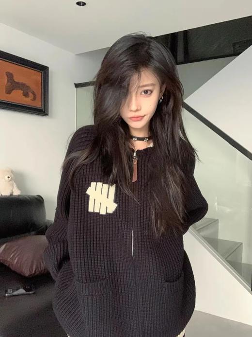 D120802五条杠撞色Logo条纹运动复古元宝针翻领针织衫拉链外套 商品图8