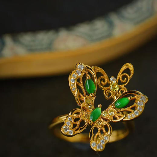 龢盒原创 银镶冰绿翡翠蝴蝶耳钉戒指 商品图3