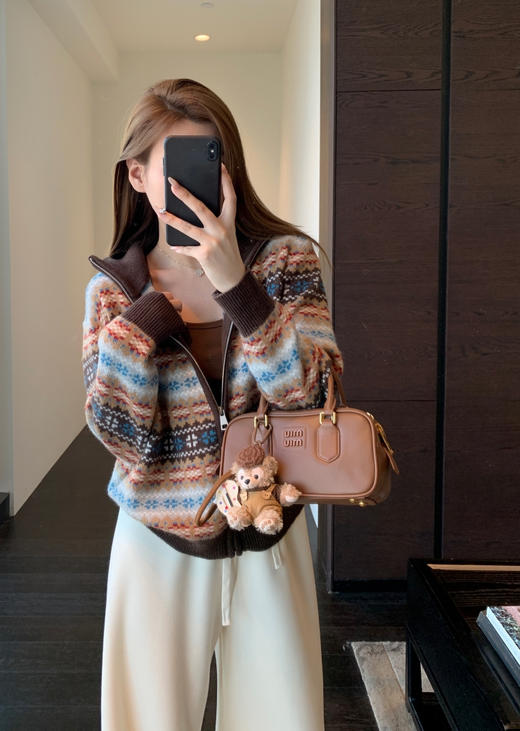 绵羊毛复古费尔岛拉链立领毛衣外套 商品图2